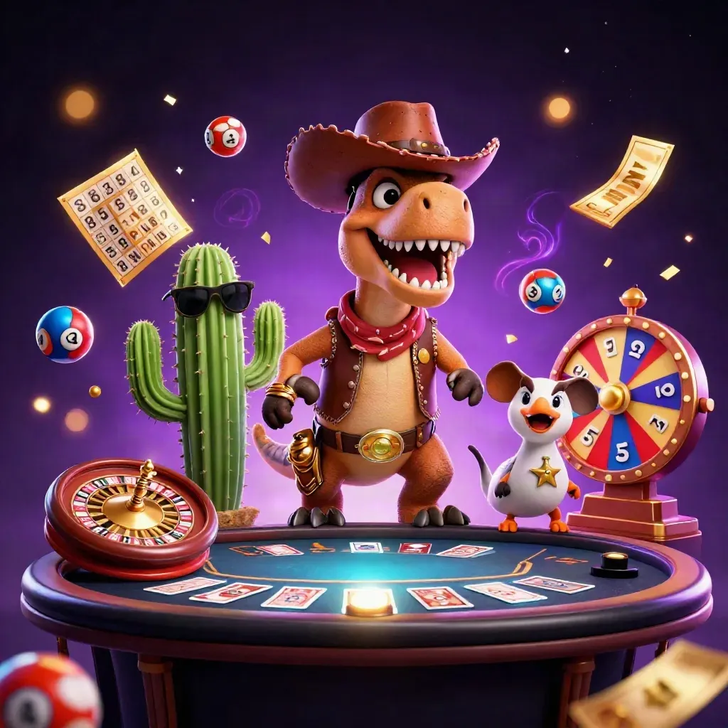 Cowboy-T-Rex, Kaktus und Roadrunner vor Casino-Licht und goldenen Spielsymbolen.