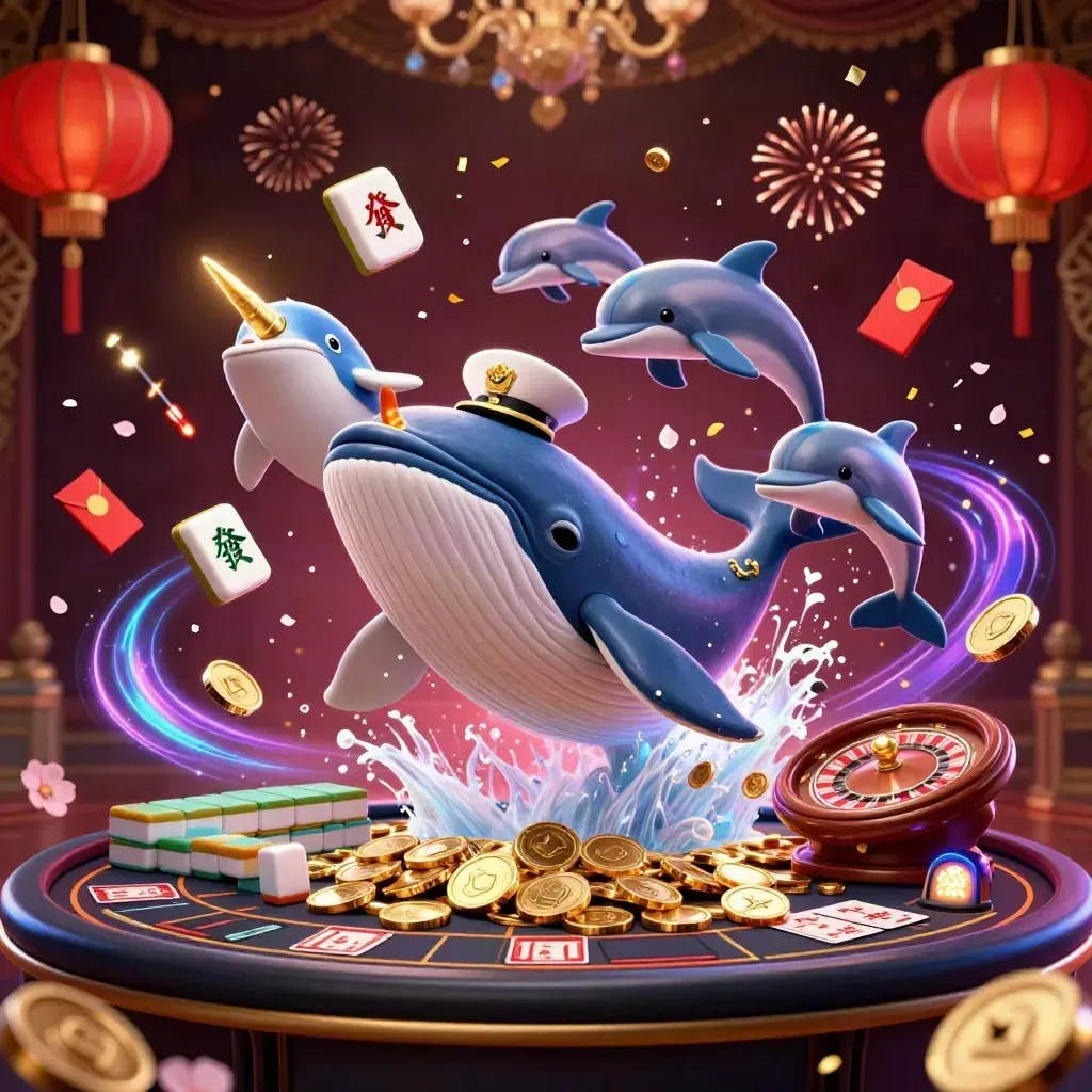 Wal, Narwal und Delfine im goldenen Casino-Meer mit Mahjongs, Laternen und Kronleuchter