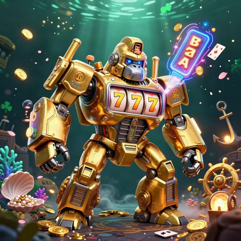 Goldener Gorilla-Mech mit Affenpilot, Schatzfluten und Neonlichtern in einer Unterwasserhöhle.