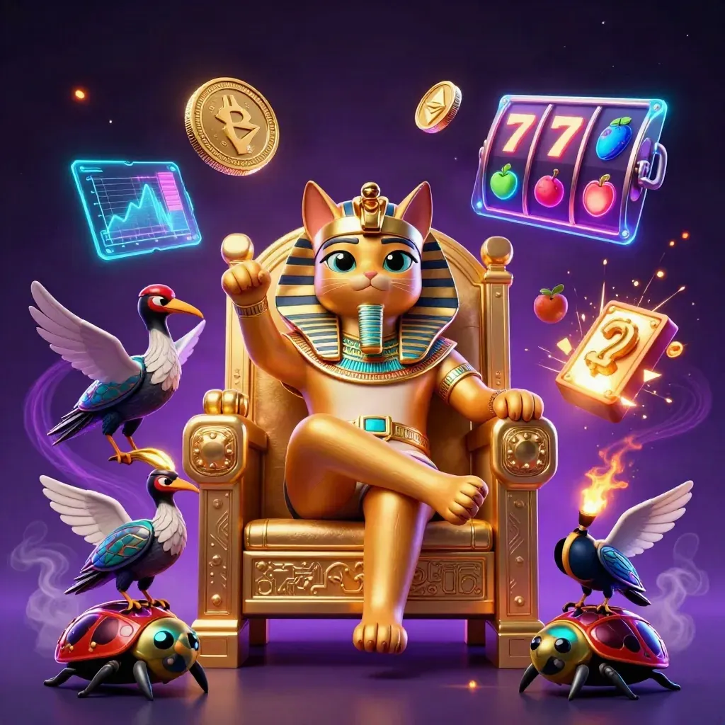 Ägyptische Katzenpharao-Action mit Ibis, Skarabäen, Coins und Neonenergie vor Sternenhimmel