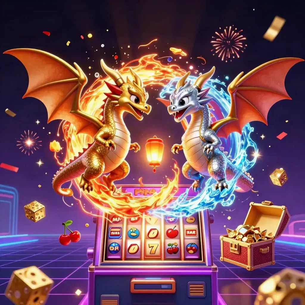 Zwei Drachen im Yin-Yang, Jackpot-Slot explodiert, Gold, Würfel und Cherry-Symbole fliegen.