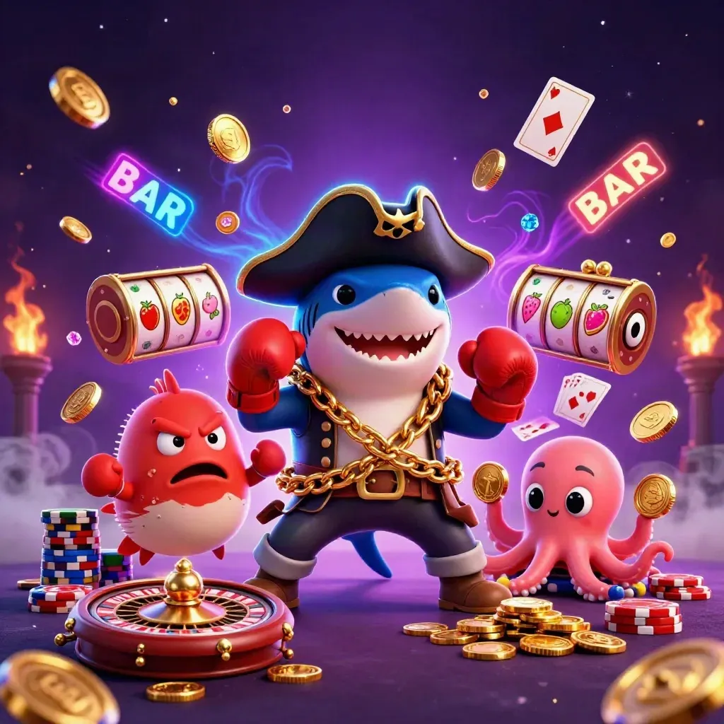 Piratenhai, Box-Pufferfisch und Baby-Oktopus im Goldregen vor violettem Casinohintergrund