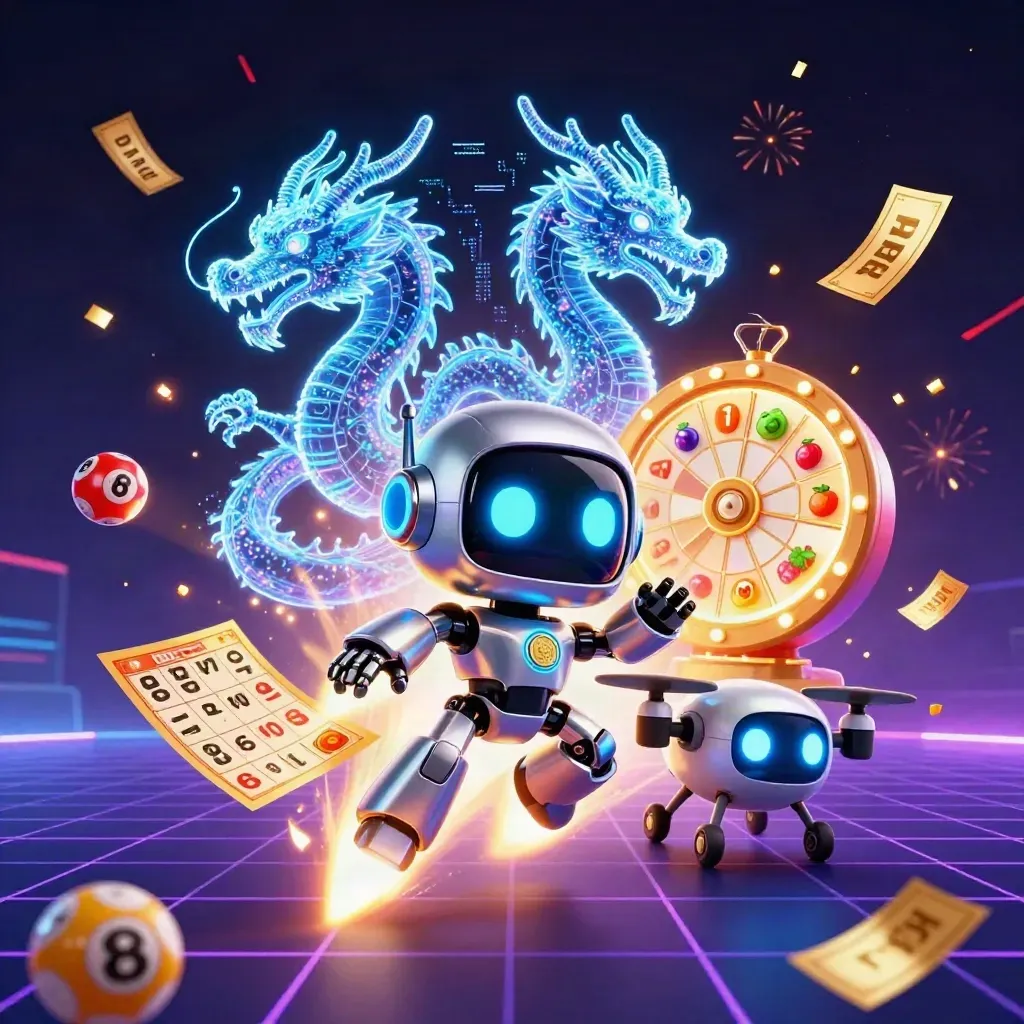 Roboter, Hologramm-Drache und Coin-Drohne mit Geldregen und Neonlichtern