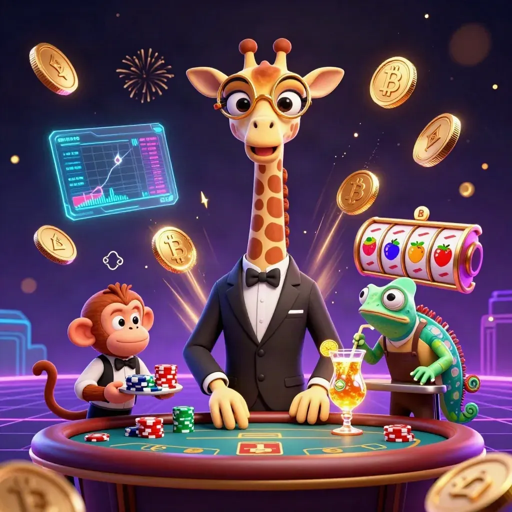 Giraffe, Affe und Chamäleon feiern im Casino mit Goldmünzen und Neonlichtern.