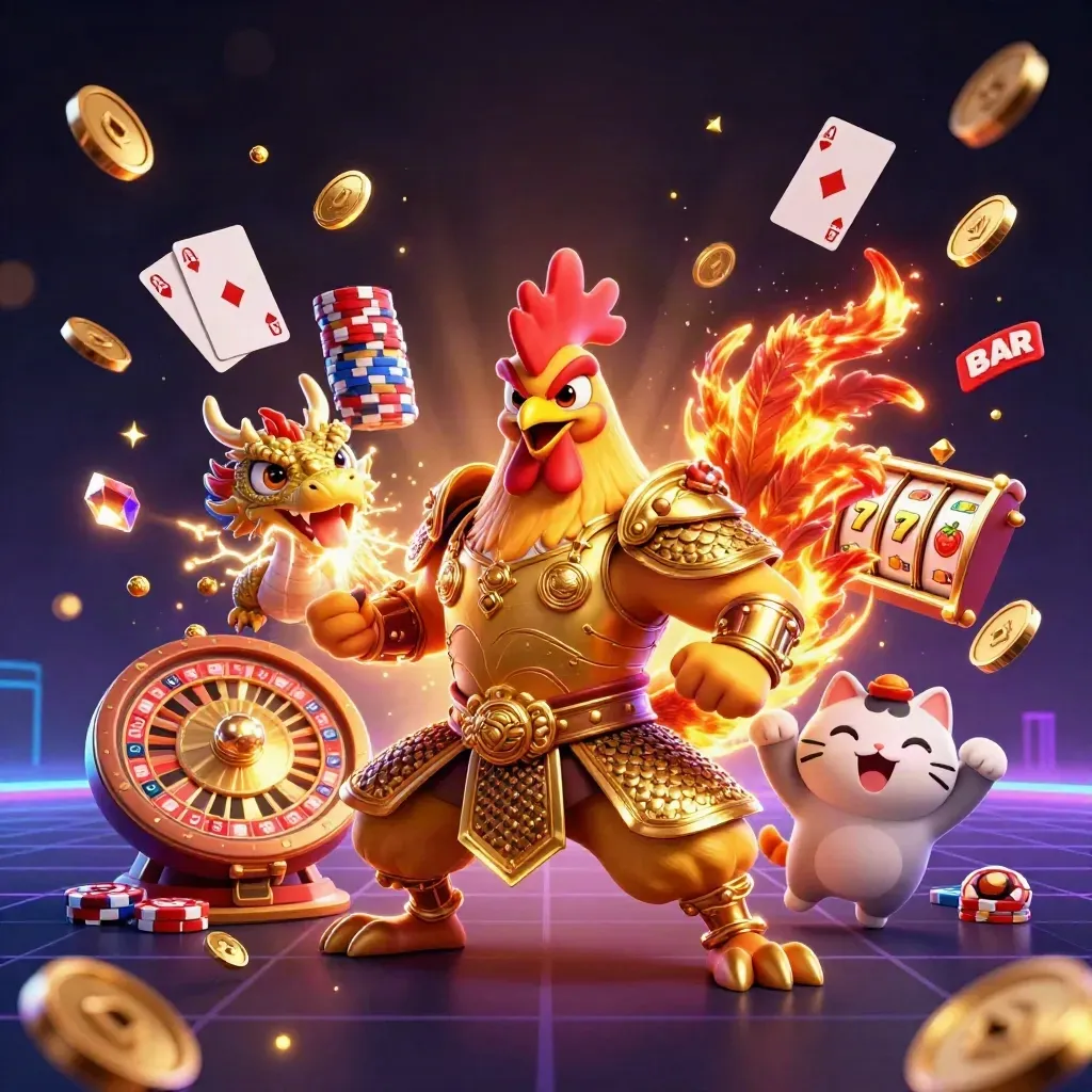 Goldener Hahnenkrieger, Drachenbaby und Glückskatze im Neon-Casino mit Münzen, Chips und Walzen