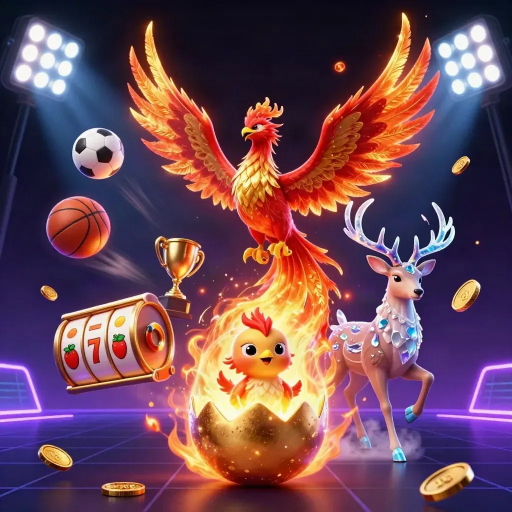 Feuerphönix, Babyphönix und Hirsch mit Kristallgeweih vor Neon-Jackpot-Explosion