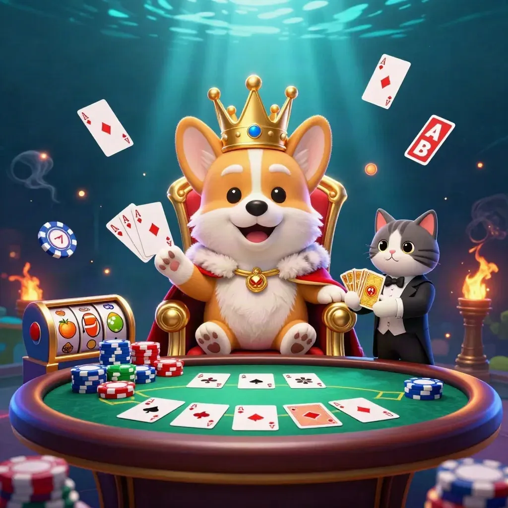 Königlicher Corgi und Katzenbutler auf Chips, umgeben von Karten, Slots und Goldglanz.