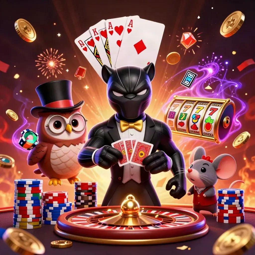 Panther, Eule und Maus mit Chips, Münzen und Roulette im goldenen Casinoglanz.