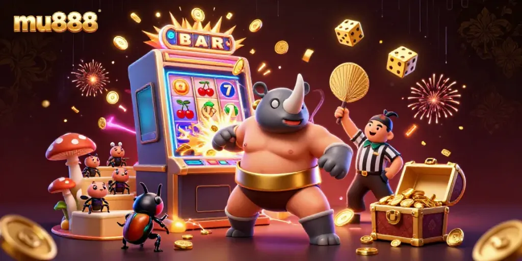 Experience thrilling gameplay with mu888 as a rhinoceros beetle champion celebrates a big jackpot.