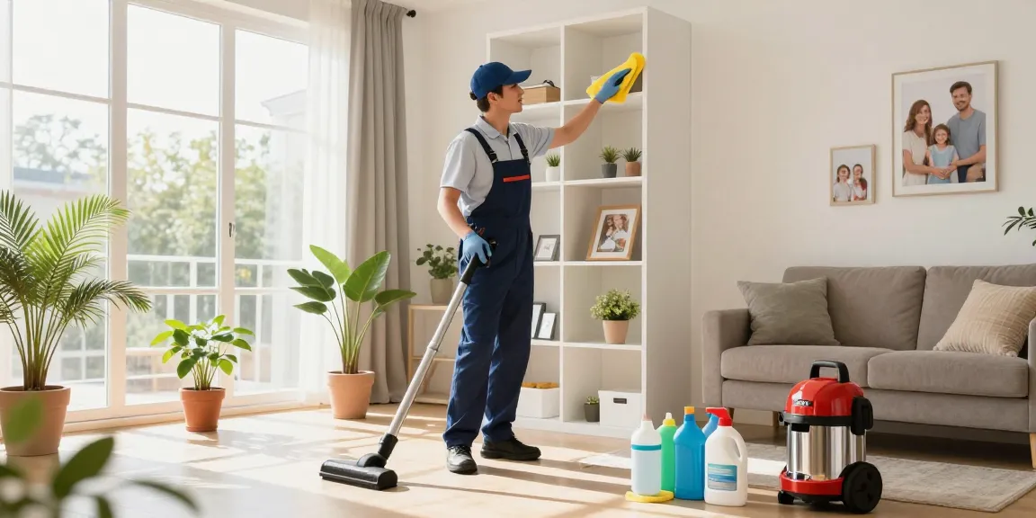 Professional cleaner dusting shelves in a bright apartment, showcasing reinigungsfirmen solothurn services effectively.