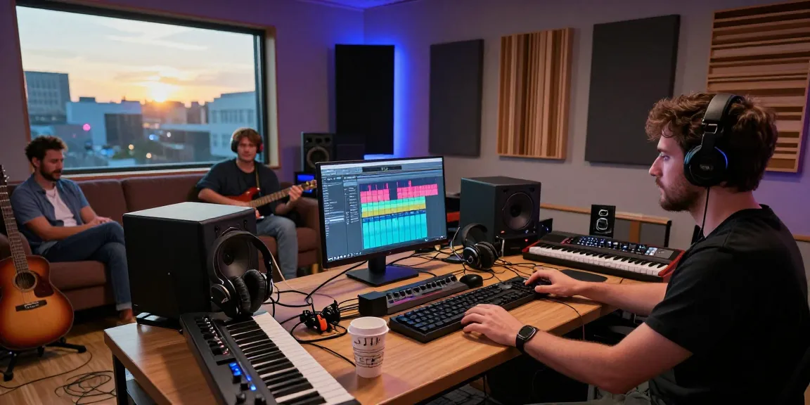 Creative music studio scene with MM OO producer mixing tracks, instruments, and vibrant sound waves displayed