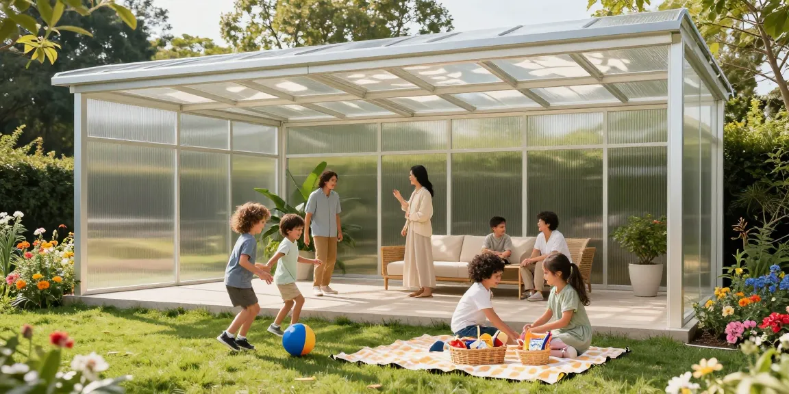Freistehende Terrassenüberdachung mit Familie im Garten und Sonnenschein.