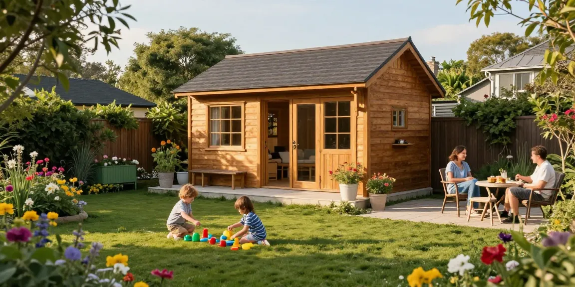 Wunderschönes Gartenhaus, umgeben von blühenden Pflanzen und einer Familie, die den Sonnenschein genießt.