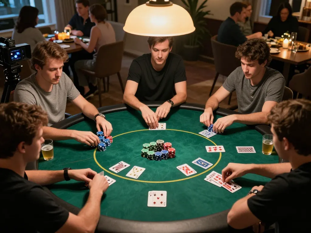 Engaging poker players strategizing their hands at a home game night, capturing the thrill of da88.