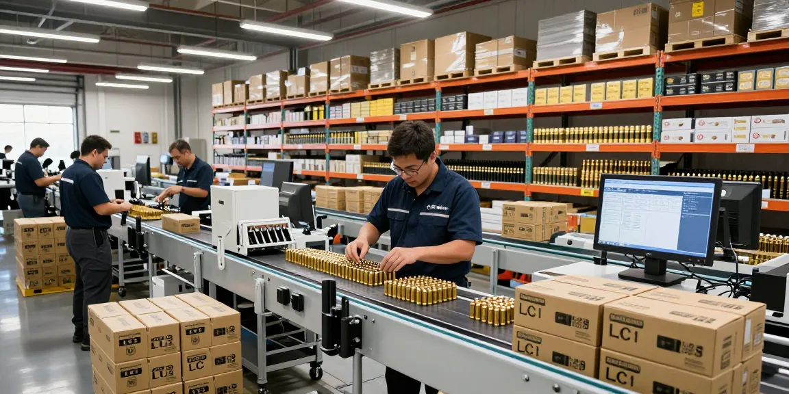 Inspecting ammunition cartridges labeled LC 88 in a modern production warehouse.