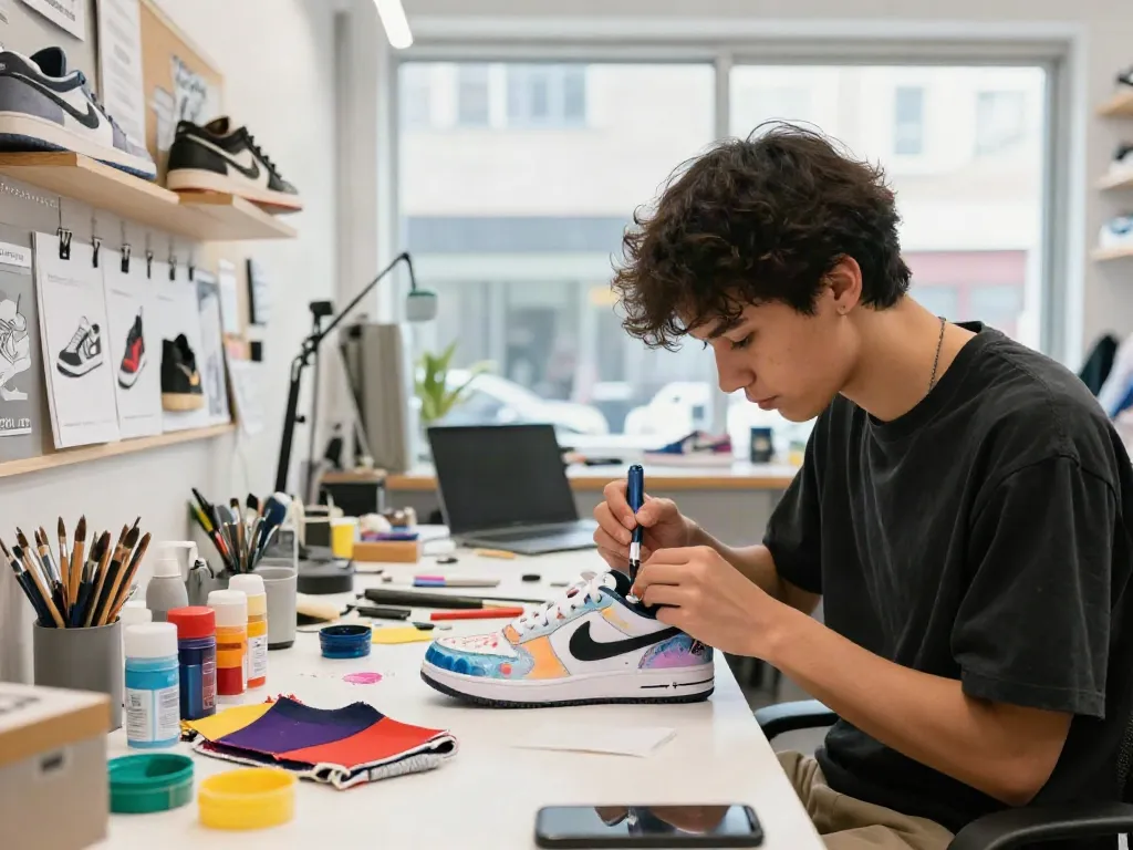 Schuhe personalisieren in einer kreativen Werkstatt mit einem jungen Designer, der an einem Sneaker arbeitet.