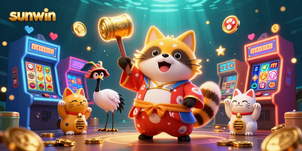 Experience vibrant slot action with sunwin featuring cheerful tanuki amid playful casino elements.