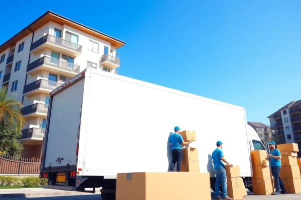 Umzugsunternehmen Speyer - professional movers loading boxes into a truck in a bright urban environment.