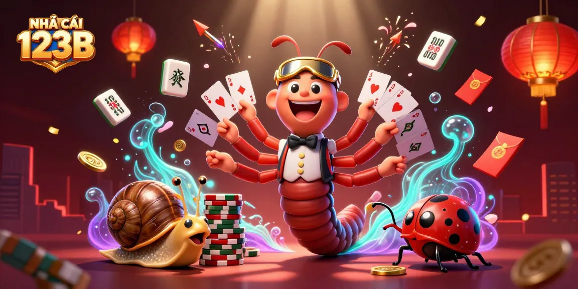 Engage in thrilling gameplay at NHÀ CÁI 123B with a dynamic casino scene featuring a colorful 3D millipede dealer.
