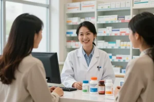 Vertrauensvolle Beratung im Selliza Pharma Shop mit Apotheker und Kunden.