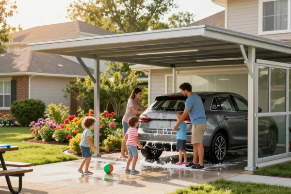 Familie wäscht ihr Auto unter einem modernen Carport in einer lebhaften Nachbarschaft.