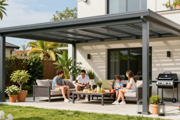Familie unter einer stilvollen Terrassenüberdachung genießt einen sonnigen Nachmittag im Garten.