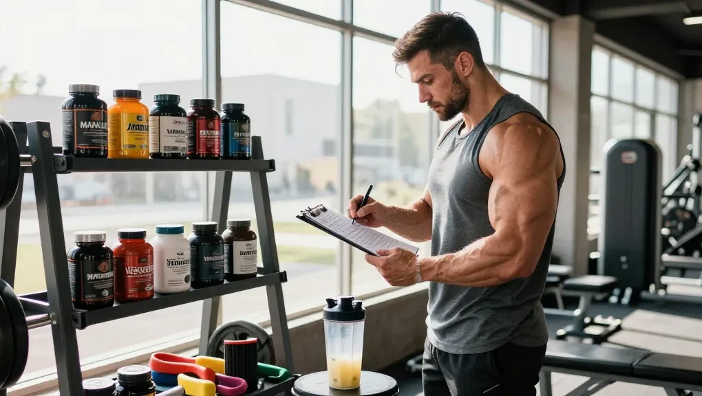 Steroide im Steroidshop: Bodybuilder im Fitnessstudio, konzentriert auf Training mit Steroidetiketten im Hintergrund