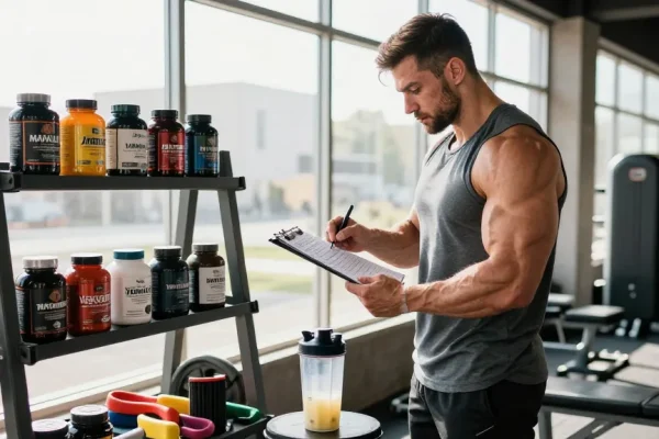 Steroide im Steroidshop: Bodybuilder im Fitnessstudio, konzentriert auf Training mit Steroidetiketten im Hintergrund