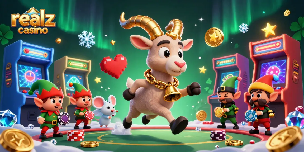 Experience the excitement of realz casino with festive chaos in a 3D scene filled with playful characters and casino elements.