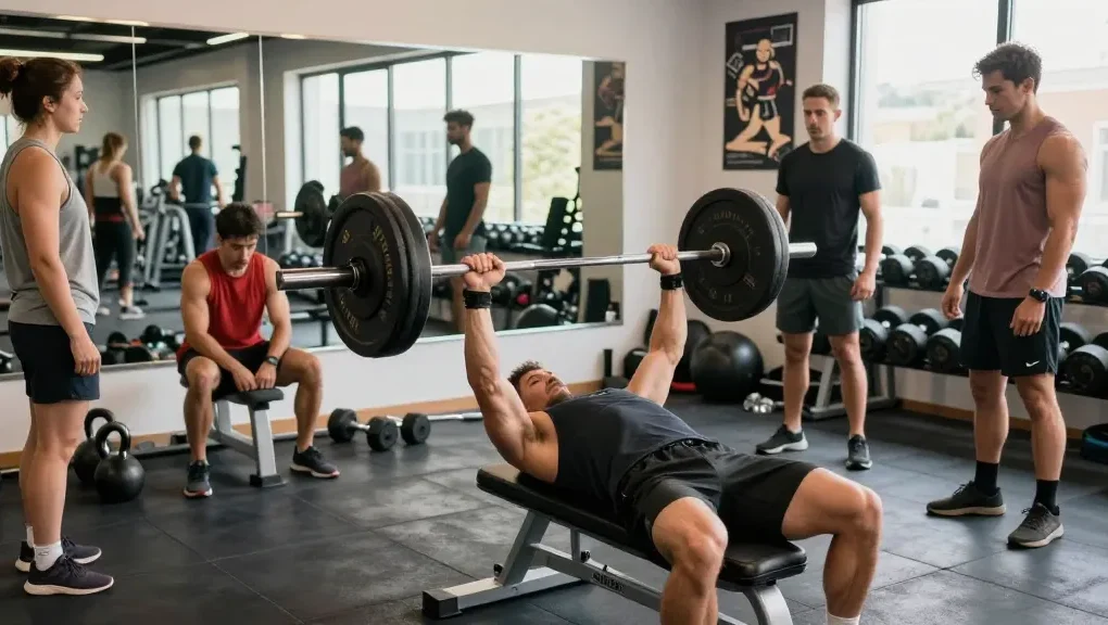 Anabolikashop: Dynamische Fitnessszene im modernen Gym mit Bodybuilder beim Bankdrücken, umgeben von motivierten Gym-Besuchern.