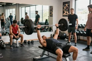 Anabolikashop: Dynamische Fitnessszene im modernen Gym mit Bodybuilder beim Bankdrücken, umgeben von motivierten Gym-Besuchern.