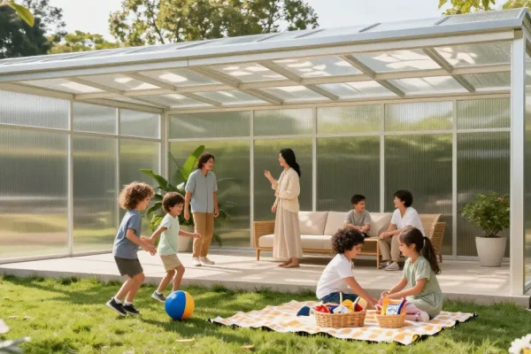 Freistehende Terrassenüberdachung mit Familie im Garten und Sonnenschein.