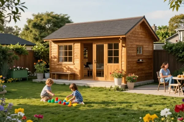 Wunderschönes Gartenhaus, umgeben von blühenden Pflanzen und einer Familie, die den Sonnenschein genießt.