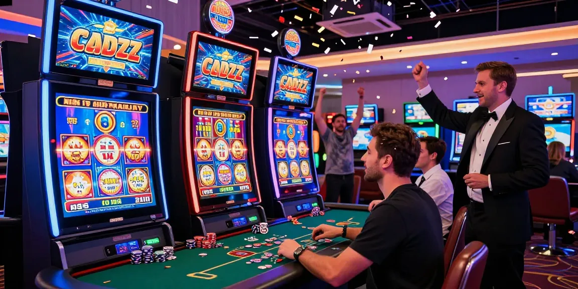 Player celebrating a big win at Godzz Casino with festive atmosphere, digital slot machines, and live dealer excitement.