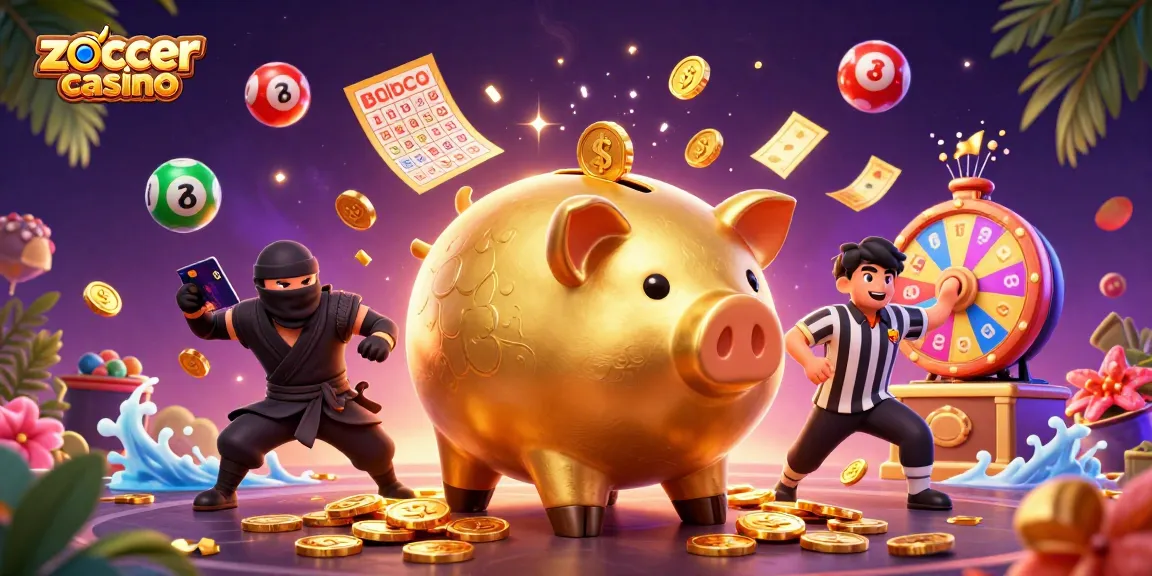 Zoccer casino presents a vibrant scene of playful gambling characters and casino elements, illustrating excitement.
