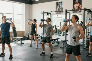 In der Deus Shop Trainingsszene heben Athleten Gewichte an und nutzen Fitnessgeräte zur Leistungssteigerung.