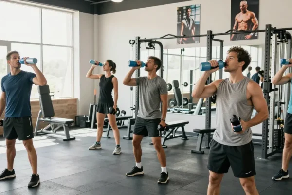 In der Deus Shop Trainingsszene heben Athleten Gewichte an und nutzen Fitnessgeräte zur Leistungssteigerung.